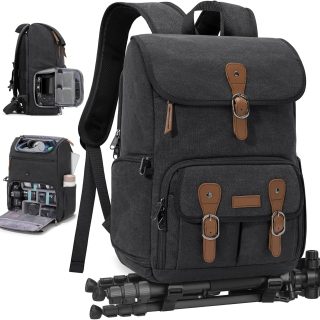 RAINSMORE Camera Bag Backpack for DSLR/SLR Mirrorless 15.6 Inch Laptop Camera Back Pack for Photographers Anti-Theft Photography Bags Case with Tripod Holder & Rain Cover, Black
